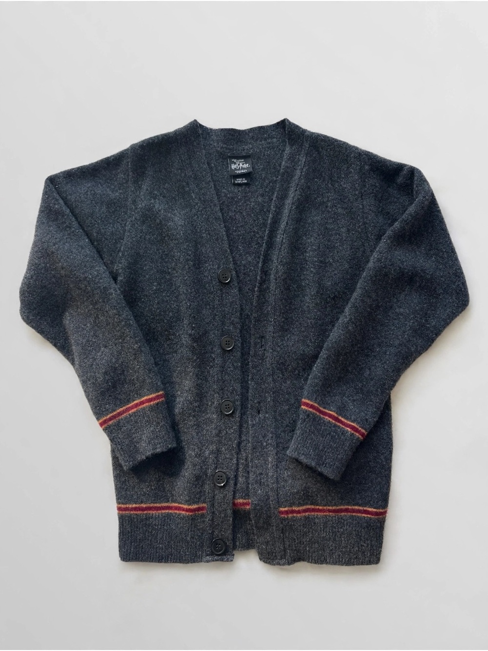 Girls' Dark Charcoal Button-Front Pea Coat with Red Stripe Detail